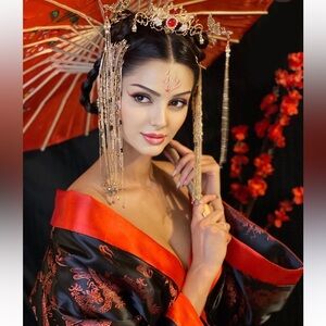 Gold Accents Vintage Embroidered Belted Chinese Silky
Kimono Robe